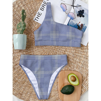 Blue And White Glen Plaid Print One Shoulder Bikini Top