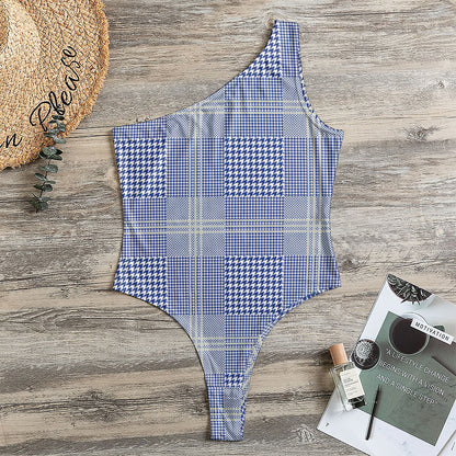 Blue And White Glen Plaid Print One Shoulder Bodysuit