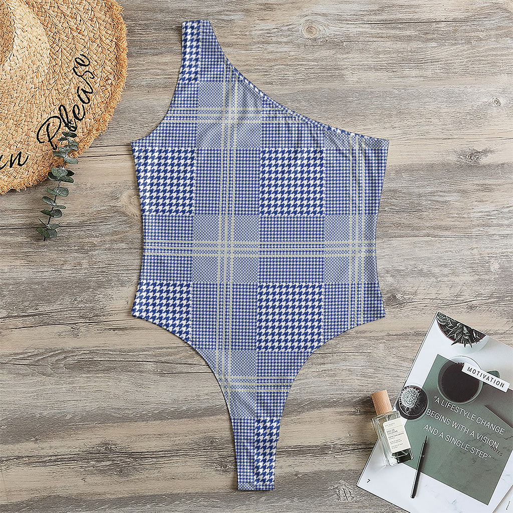 Blue And White Glen Plaid Print One Shoulder Bodysuit
