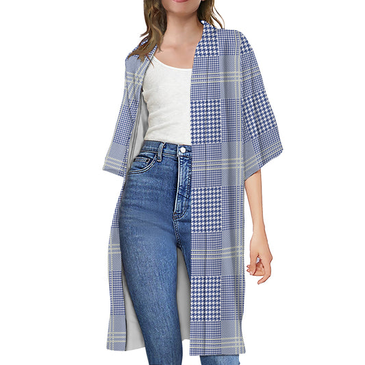 Blue And White Glen Plaid Print Open Front Beach Cover Up