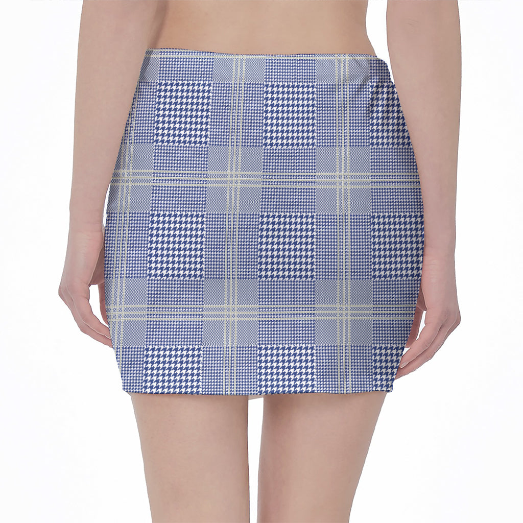 Blue And White Glen Plaid Print Pencil Mini Skirt