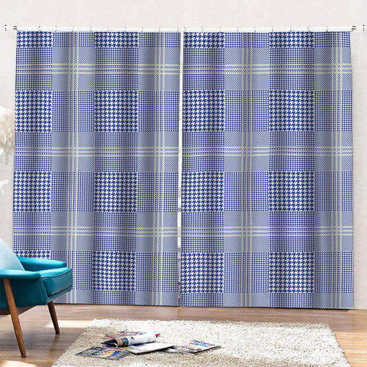 Blue And White Glen Plaid Print Pencil Pleat Curtains