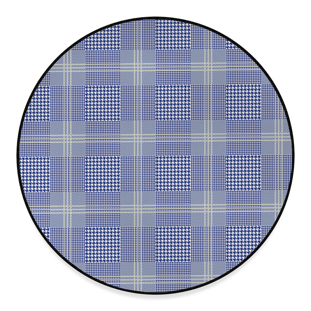 Blue And White Glen Plaid Print Round Floor Mat