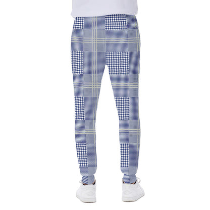 Blue And White Glen Plaid Print Scuba Joggers