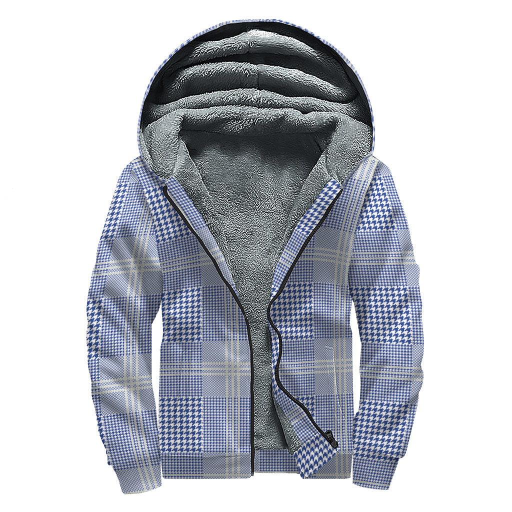 Blue And White Glen Plaid Print Sherpa Lined Zip Up Hoodie