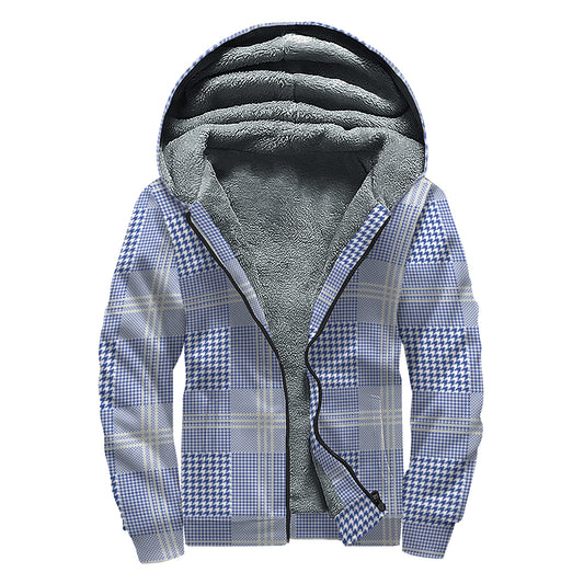 Blue And White Glen Plaid Print Sherpa Lined Zip Up Hoodie