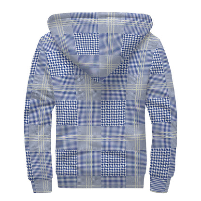 Blue And White Glen Plaid Print Sherpa Lined Zip Up Hoodie