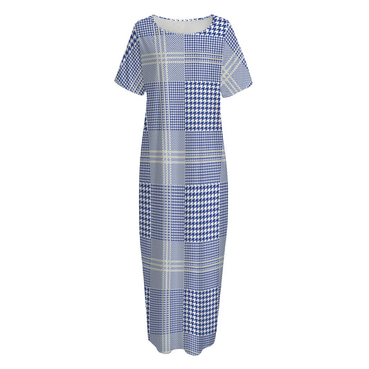 Blue And White Glen Plaid Print Short Sleeve Long Nightdress