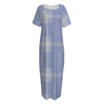 Blue And White Glen Plaid Print Short Sleeve Long Nightdress