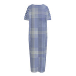 Blue And White Glen Plaid Print Short Sleeve Long Nightdress