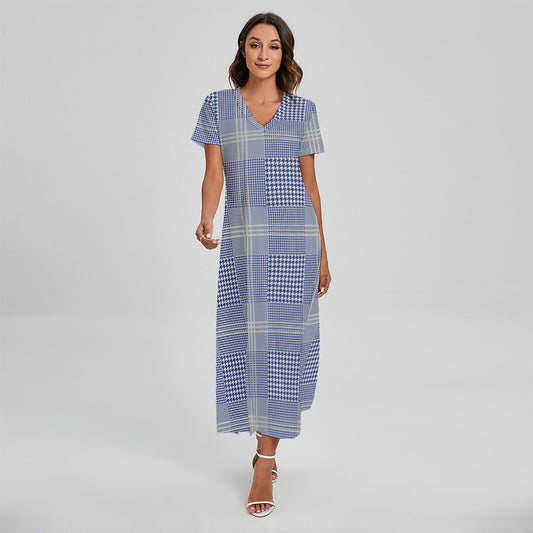 Blue And White Glen Plaid Print Short Sleeve Maxi Dress