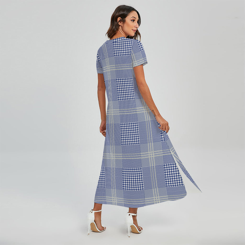 Blue And White Glen Plaid Print Short Sleeve Maxi Dress