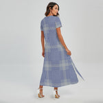 Blue And White Glen Plaid Print Short Sleeve Maxi Dress