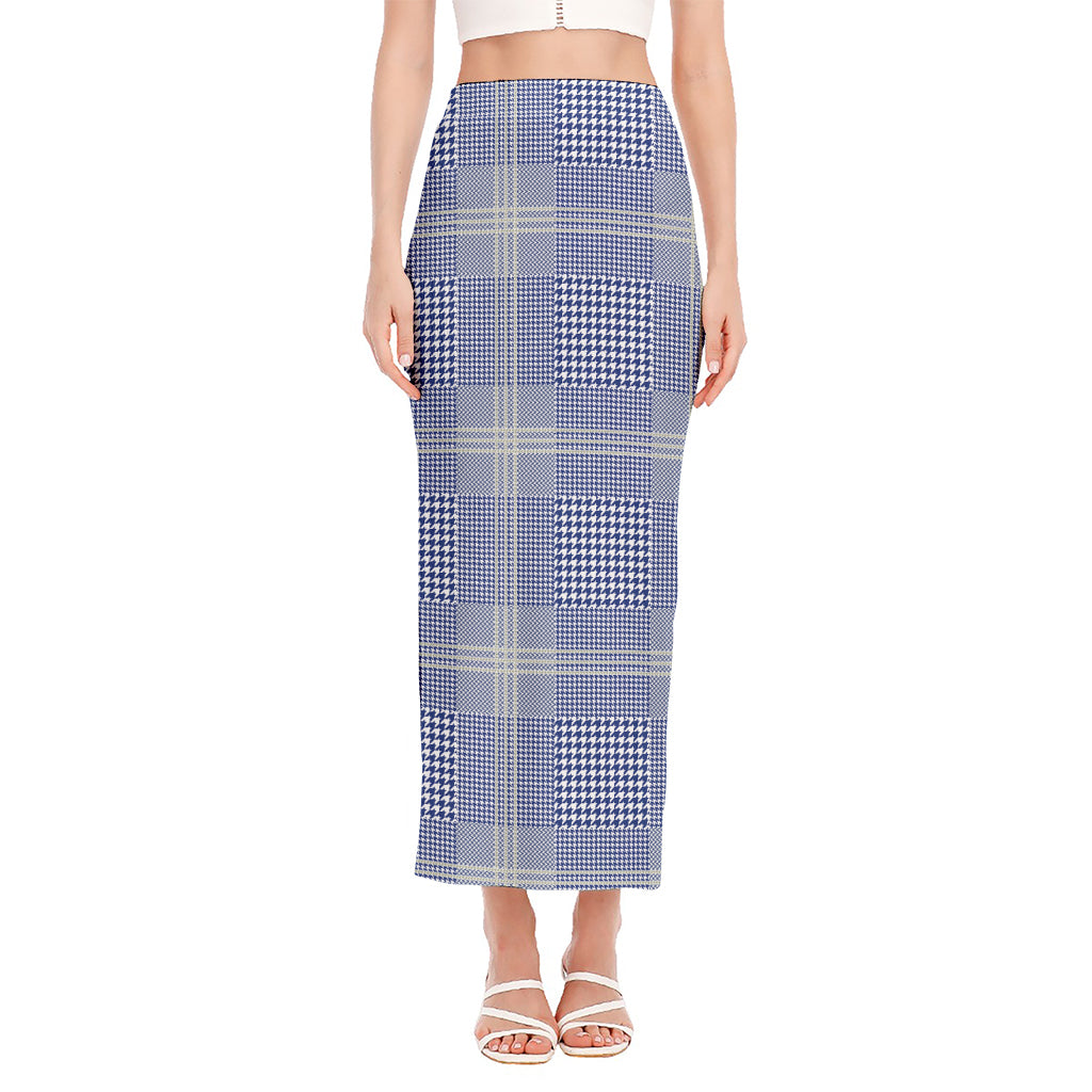 Blue And White Glen Plaid Print Side Slit Maxi Skirt