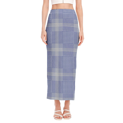 Blue And White Glen Plaid Print Side Slit Maxi Skirt