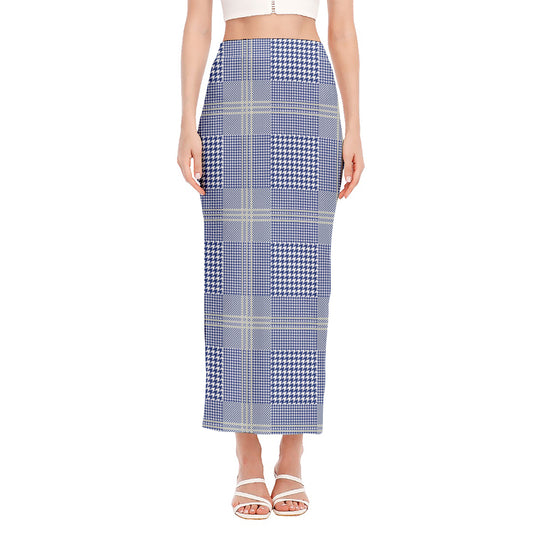Blue And White Glen Plaid Print Side Slit Maxi Skirt