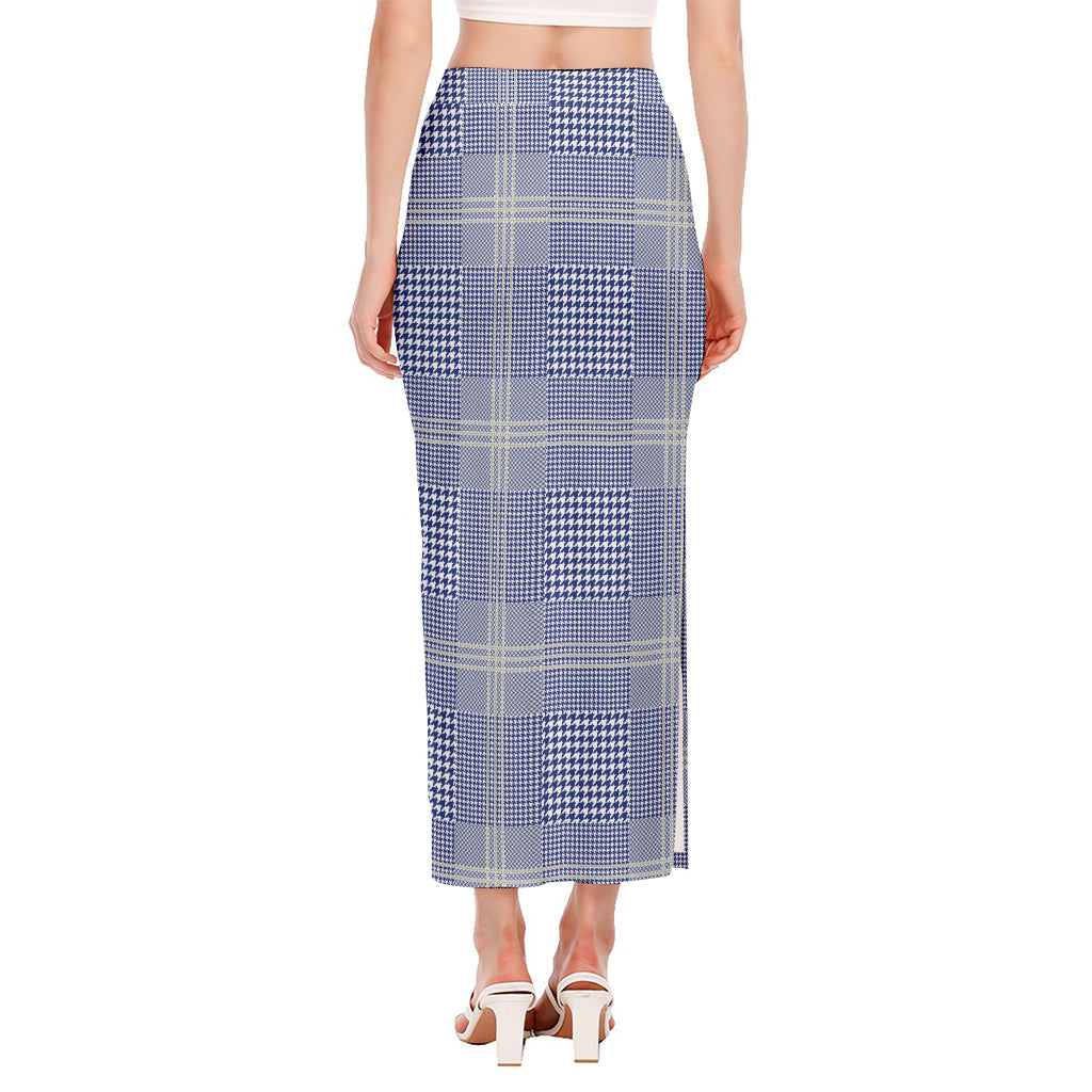 Blue And White Glen Plaid Print Side Slit Maxi Skirt