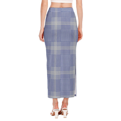 Blue And White Glen Plaid Print Side Slit Maxi Skirt