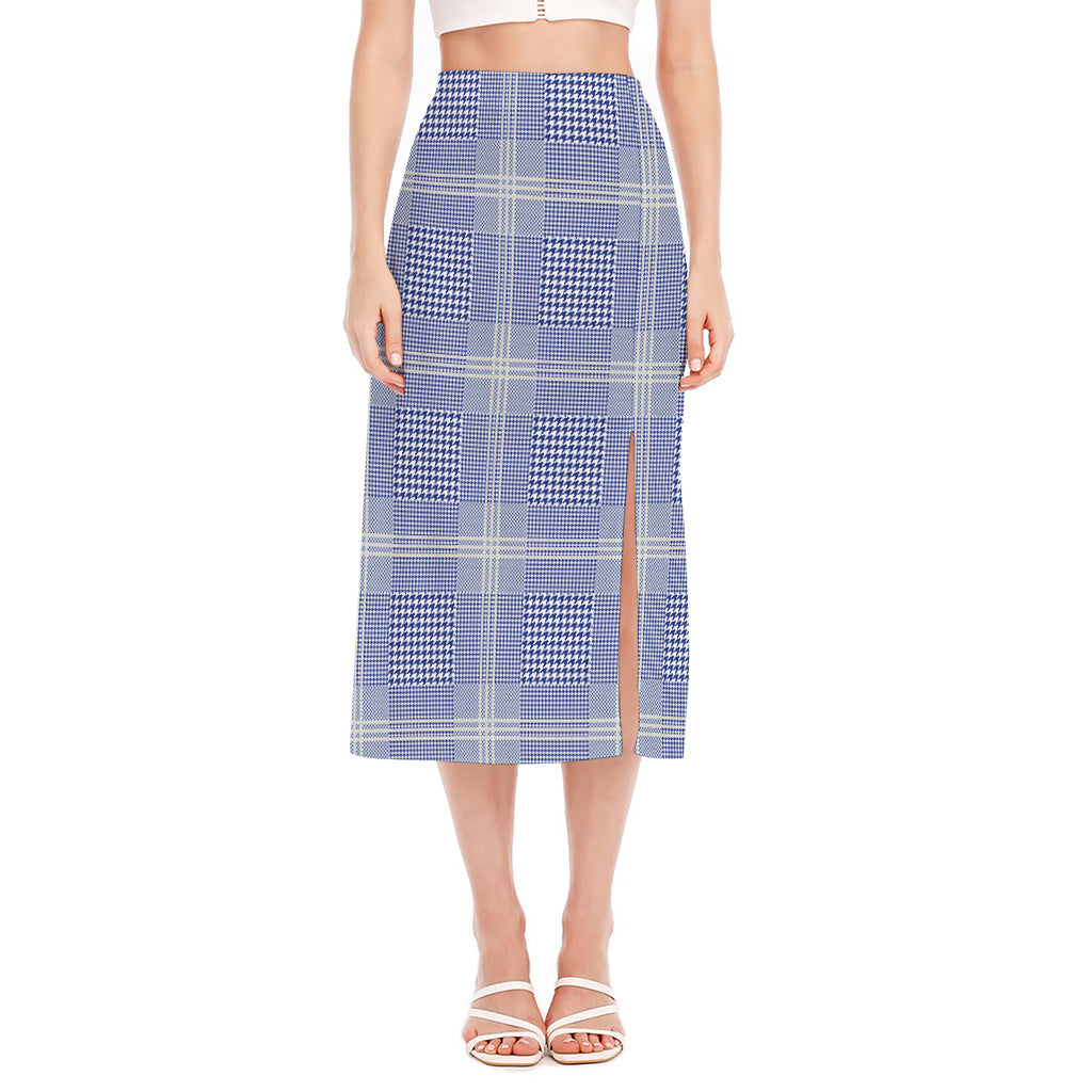 Blue And White Glen Plaid Print Side Slit Midi Skirt