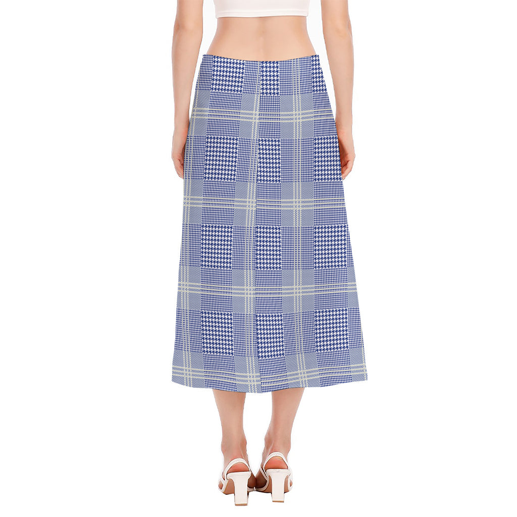 Blue And White Glen Plaid Print Side Slit Midi Skirt