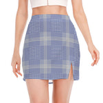 Blue And White Glen Plaid Print Side Slit Mini Skirt