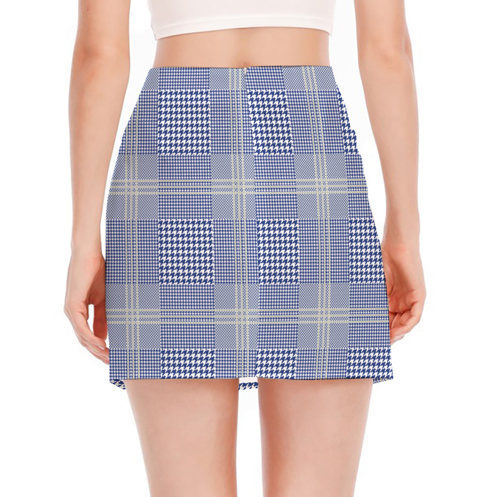 Blue And White Glen Plaid Print Side Slit Mini Skirt