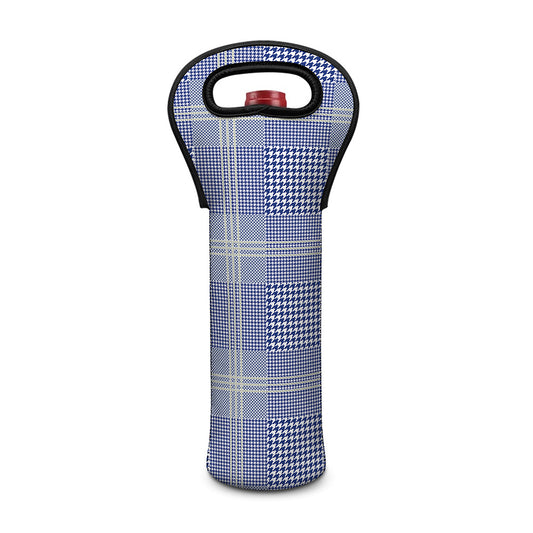 Blue And White Glen Plaid Print Single Neoprene Wine Tote