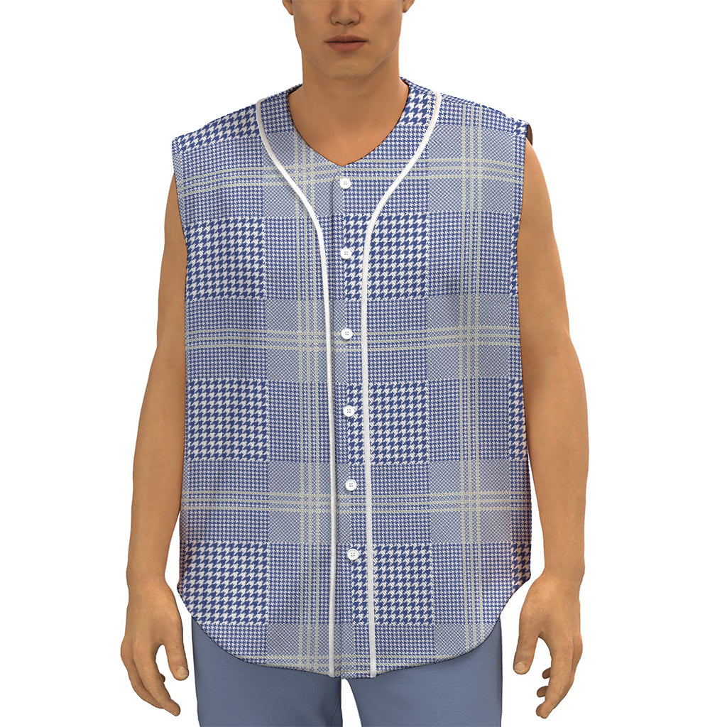 Blue And White Glen Plaid Print Sleeveless Baseball Jersey