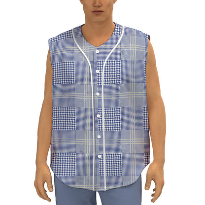 Blue And White Glen Plaid Print Sleeveless Baseball Jersey