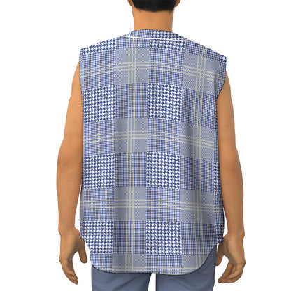 Blue And White Glen Plaid Print Sleeveless Baseball Jersey