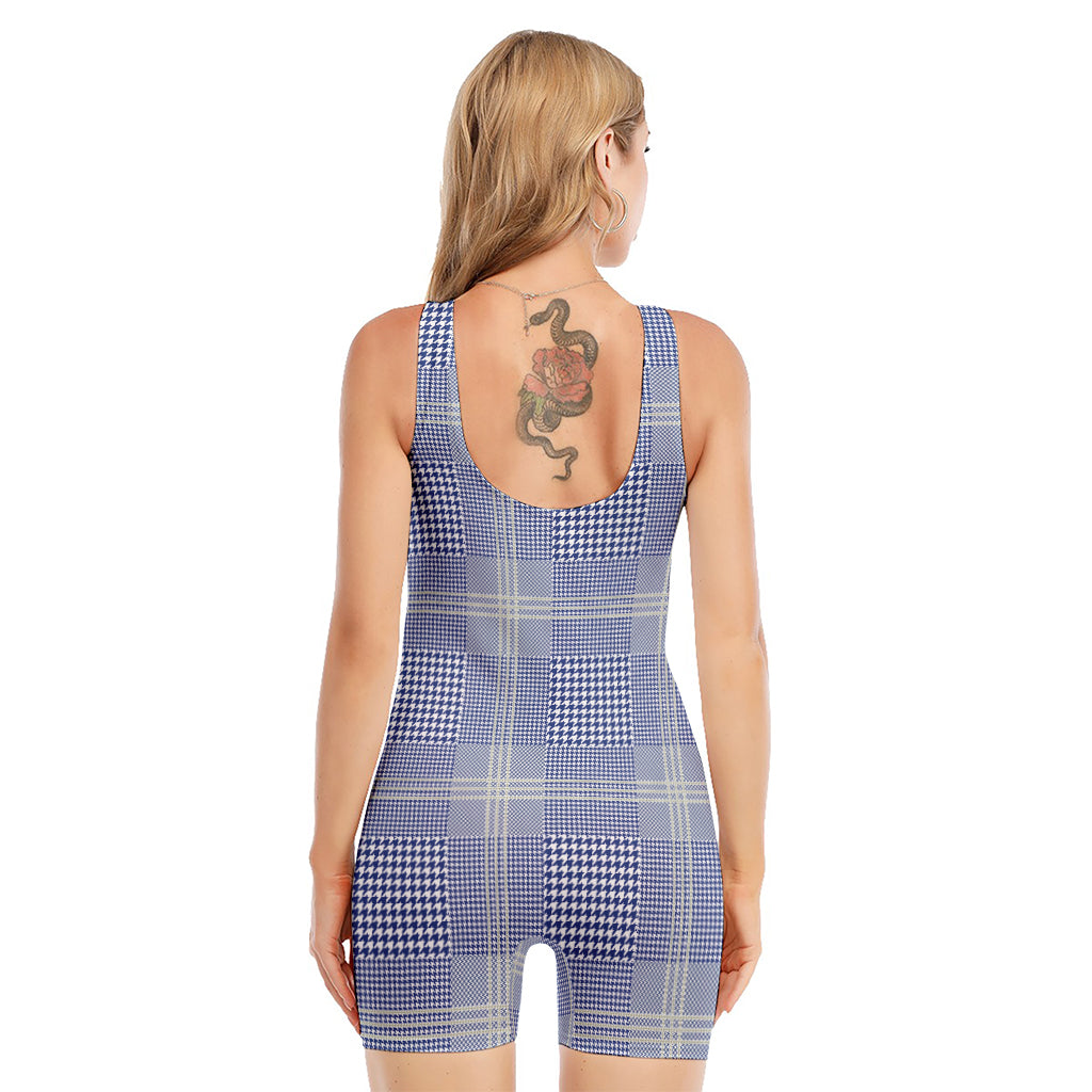 Blue And White Glen Plaid Print Sleeveless One Piece Swimsuit
