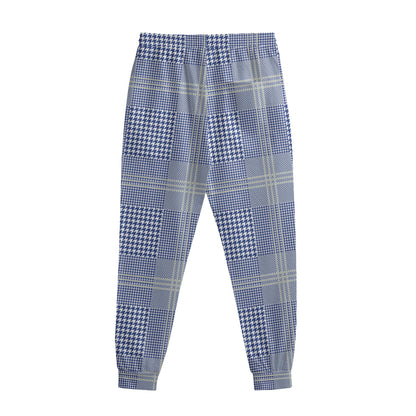 Blue And White Glen Plaid Print Sweatpants