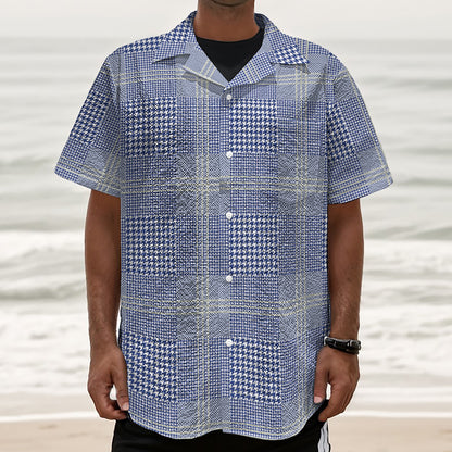 Blue And White Glen Plaid Print Textured Short Sleeve Shirt