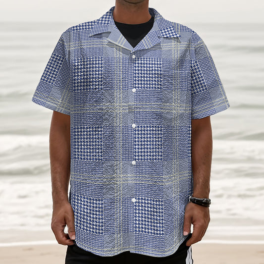 Blue And White Glen Plaid Print Textured Short Sleeve Shirt