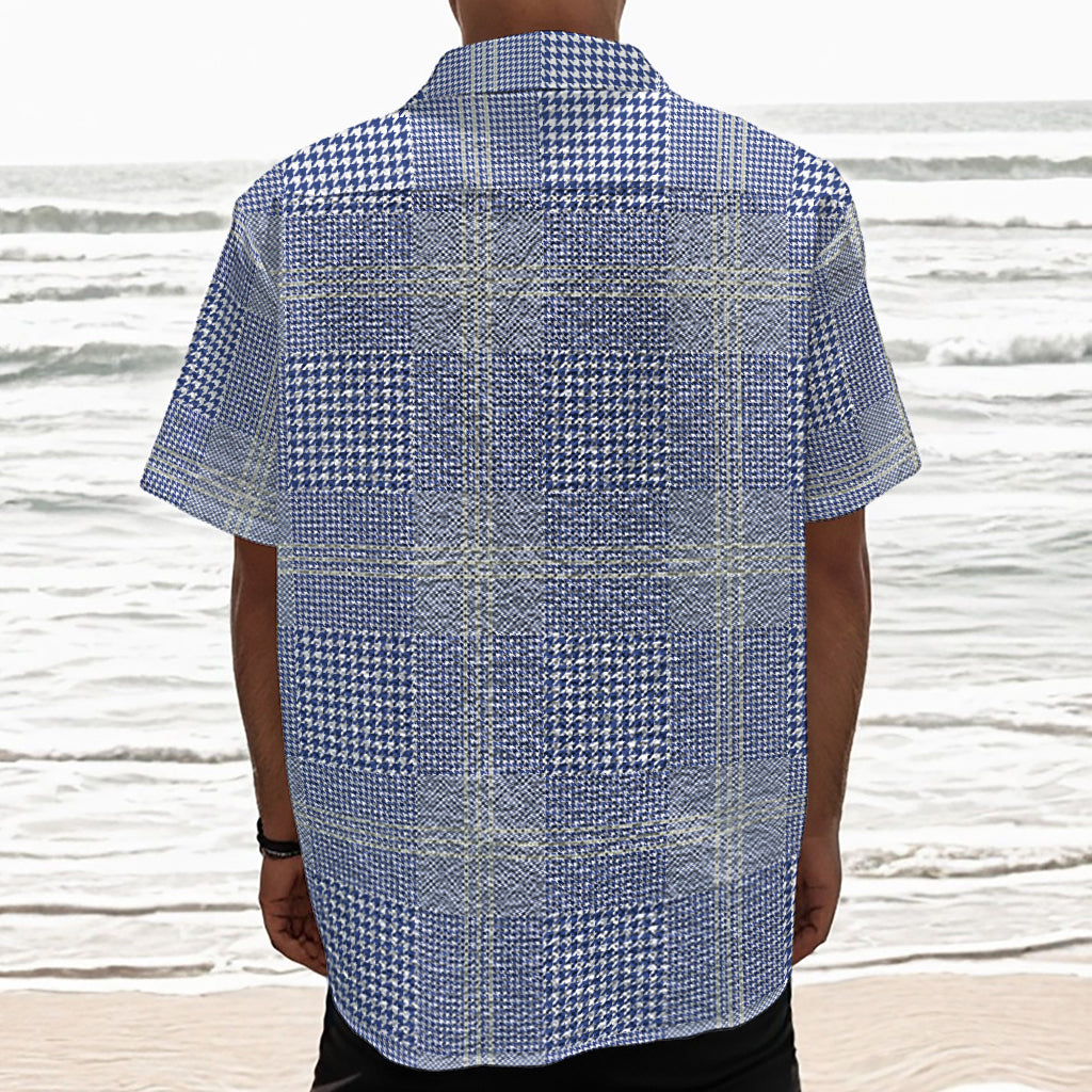 Blue And White Glen Plaid Print Textured Short Sleeve Shirt