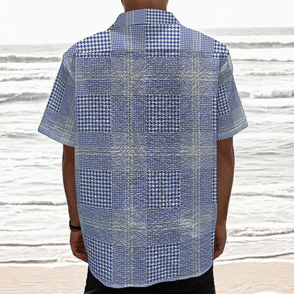 Blue And White Glen Plaid Print Textured Short Sleeve Shirt
