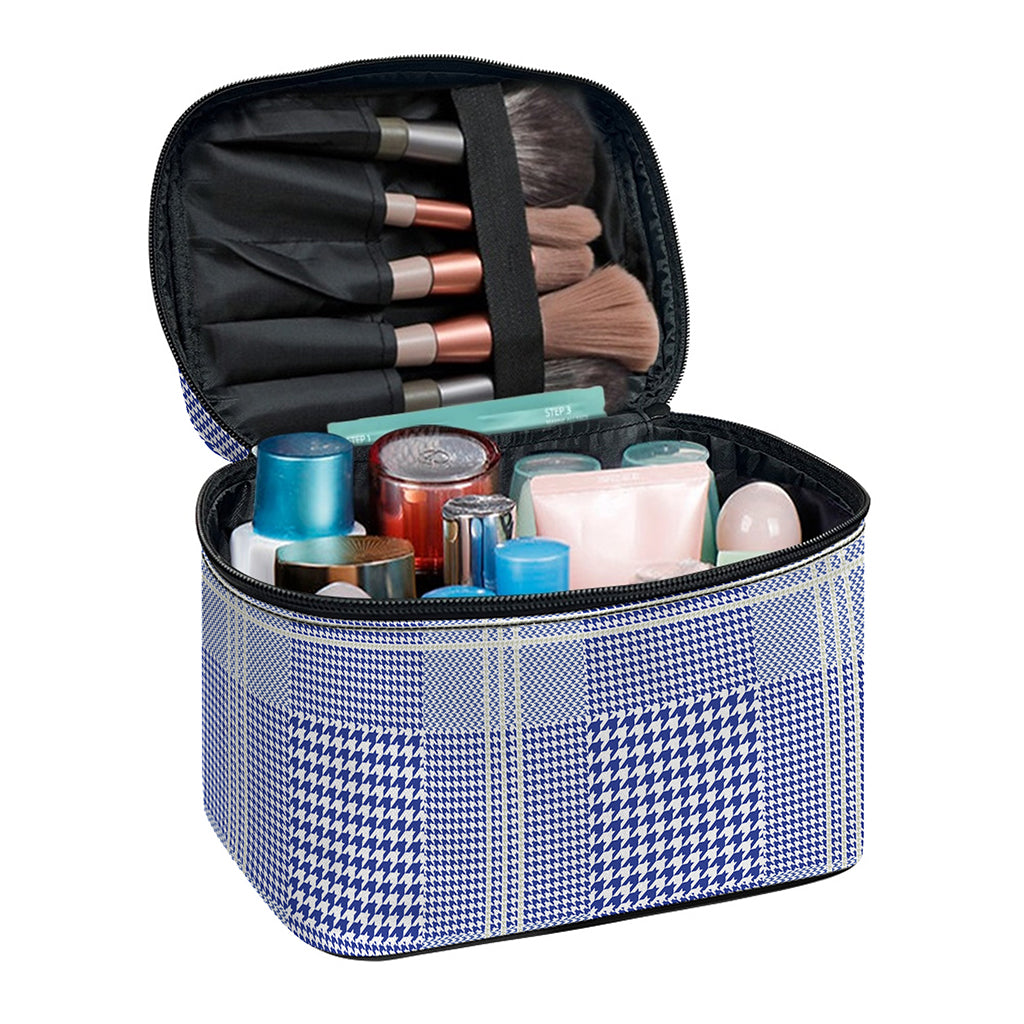 Blue And White Glen Plaid Print Travel Makeup Bag