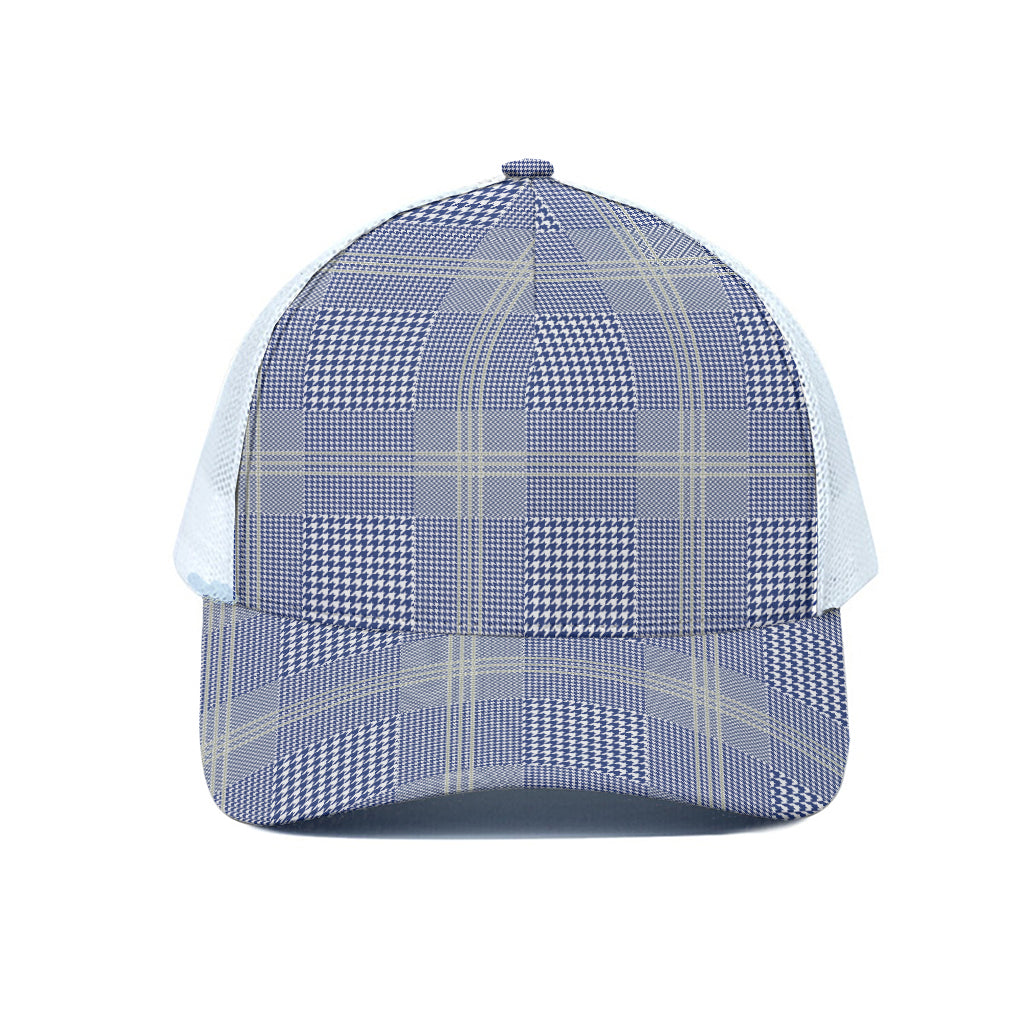 Blue And White Glen Plaid Print White Mesh Trucker Cap