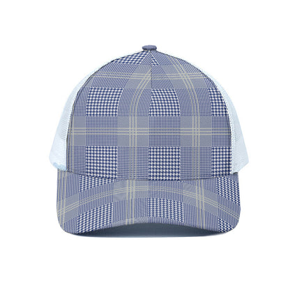 Blue And White Glen Plaid Print White Mesh Trucker Cap