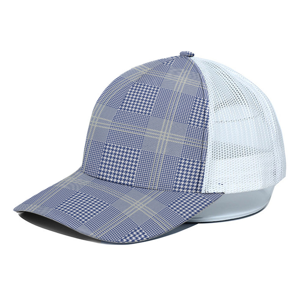 Blue And White Glen Plaid Print White Mesh Trucker Cap