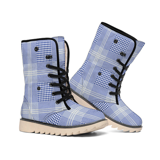Blue And White Glen Plaid Print Winter Boots