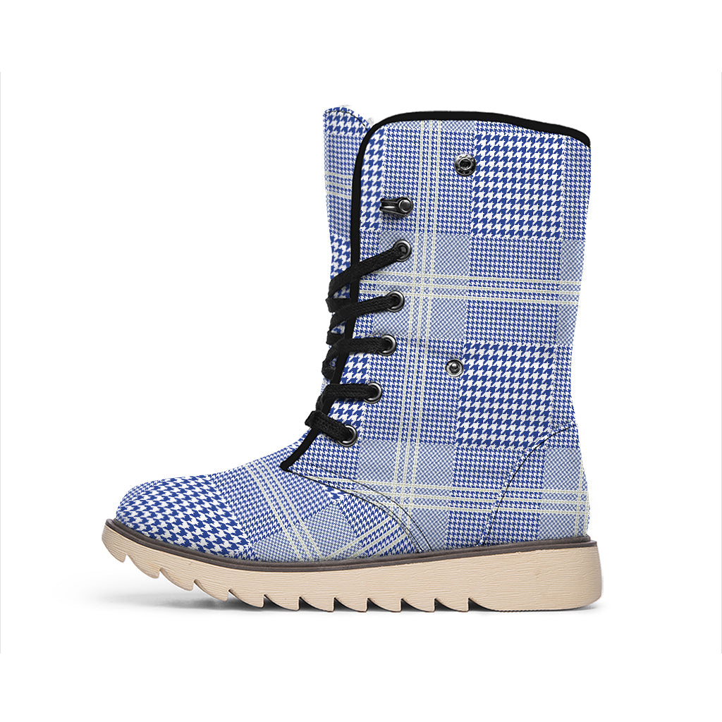 Blue And White Glen Plaid Print Winter Boots