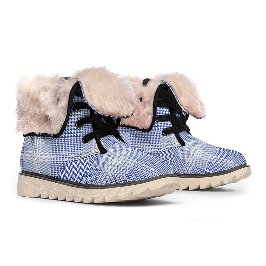 Blue And White Glen Plaid Print Winter Boots