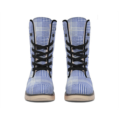 Blue And White Glen Plaid Print Winter Boots