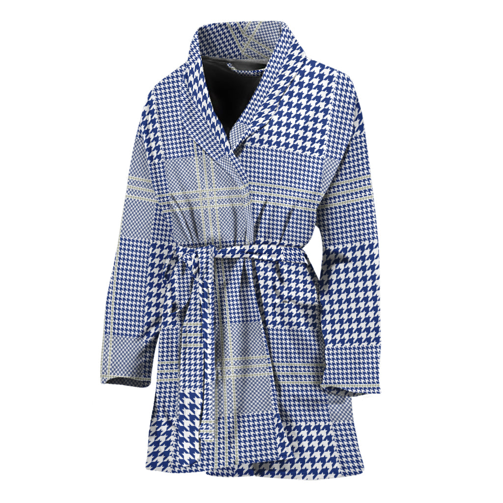 Blue And White Glen Plaid Print Women's Bathrobe