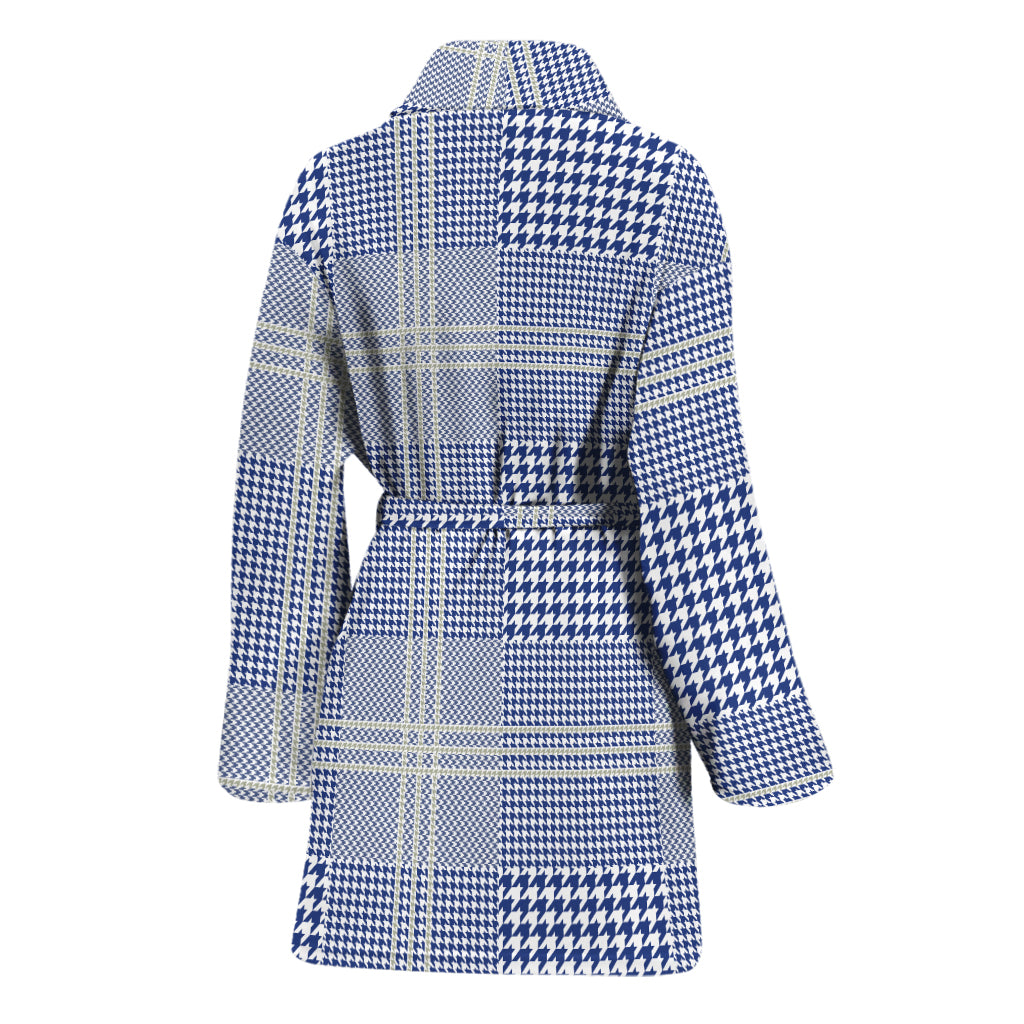 Blue And White Glen Plaid Print Women's Bathrobe