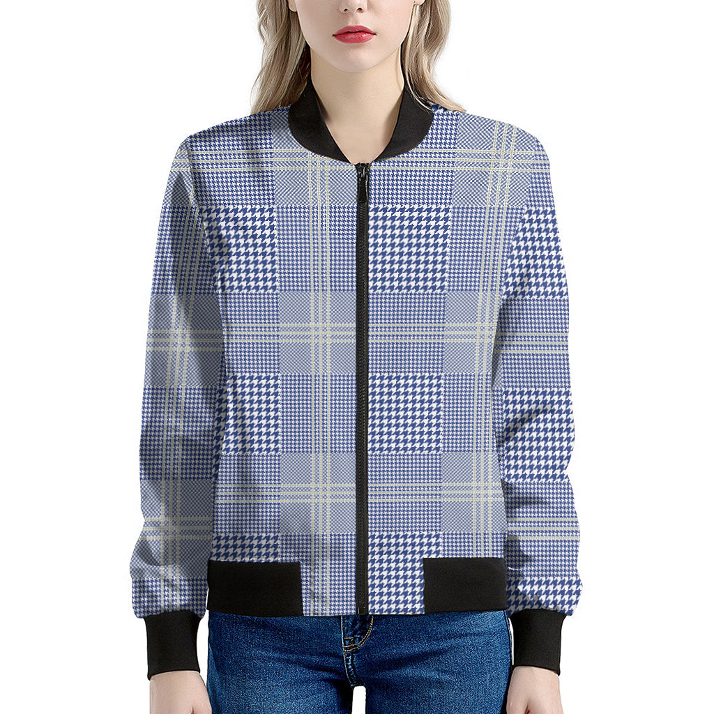 Blue And White Glen Plaid Print Women's Bomber Jacket