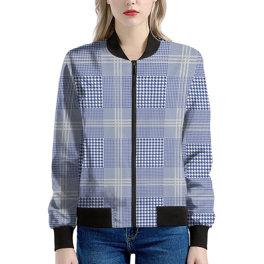 Blue And White Glen Plaid Print Women's Bomber Jacket