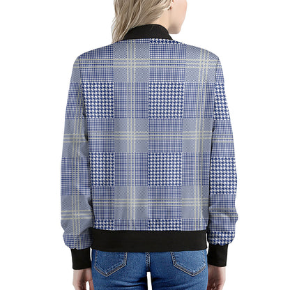 Blue And White Glen Plaid Print Women's Bomber Jacket