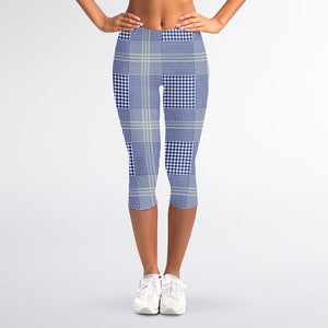 Blue And White Glen Plaid Print Women's Capri Leggings